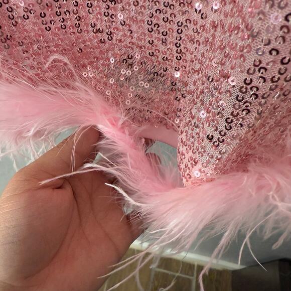 Popular Invite Pink Sequin Mesh Feather Mini Dress, XS 2209336 - Picture 4 of 8